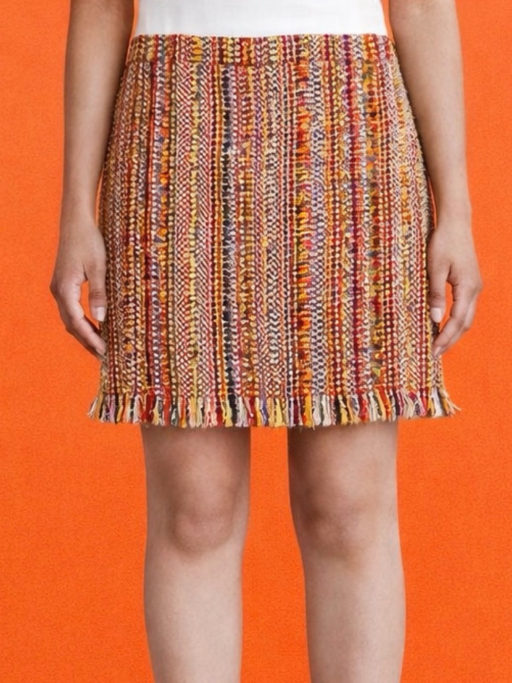Chelsea & Theodore Multicolor Orange Tweed Fringe Mini Skirt 6